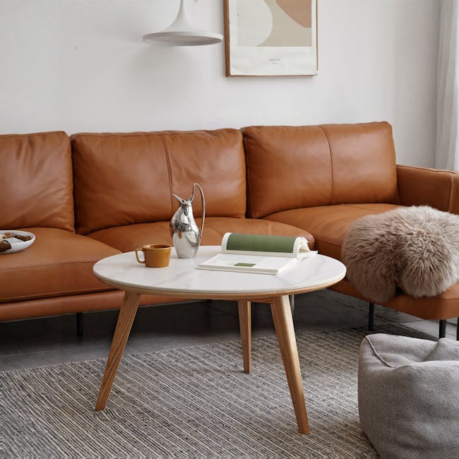 Jerry Round Coffee Table 0.8m (Sintered Stone) - 2 - Modern living room, brown leather sofa, round coffee table, green book