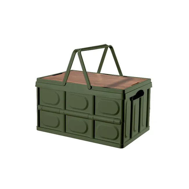 Blake Foldable Storage Box - Military Green - 1 - Green military-style storage bin, sturdy and durable, wooden top, modular