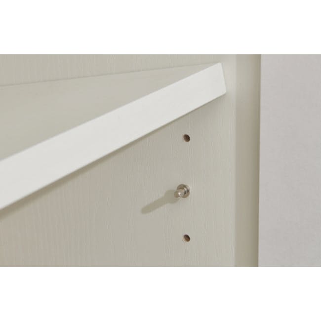 Heidi Tall Cabinet 1.2m - White - 12 - White shelf, metal hook, wooden texture, small hole, screw, minimalist design, white