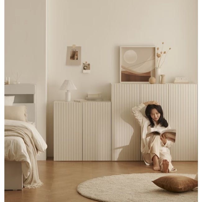 Heidi Tall Cabinet 1.2m - White - 4 - Cozy living room with minimalist decor, Soft, warm lighting in a modern bedroom