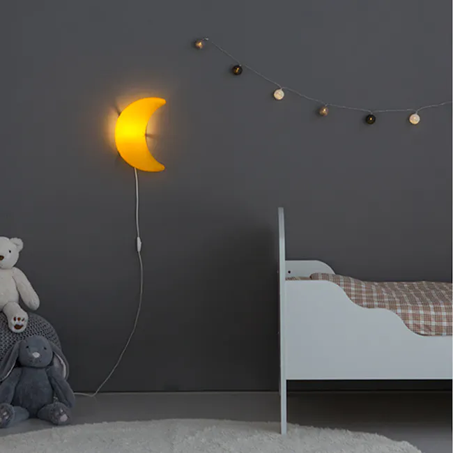 Kids Cresent Moon Wall Lamp - 2 - Curtain wall, moonlight, soft glow, night sky, fairy lights, cozy room, plush toys, teddy
