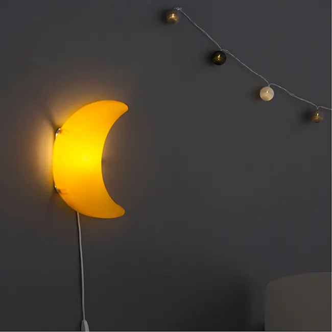 Kids Cresent Moon Wall Lamp - 3 - Crescent moon-shaped light fixture, warm yellow glow, minimalist decor, modern interior