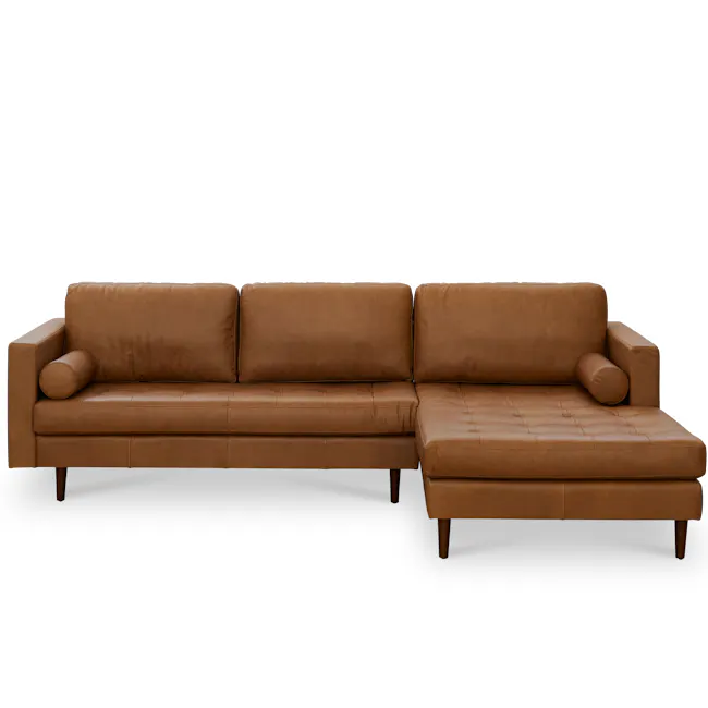 Nolan L-Shaped Sofa - Penny Brown (Premium Aniline Leather) - 1 - Brown leather sofa, modern design, comfortable seating
