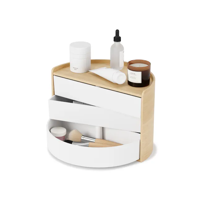 Moona Storage Box - White, Natural - 1 - White wooden vanity drawer, minimalist design, modern aesthetic, sleek and clean