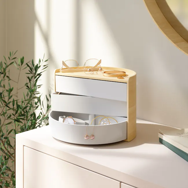 Moona Storage Box - White, Natural - 3 - Wooden drawer unit, minimalist design, elegant jewelry, round earrings, gold-toned