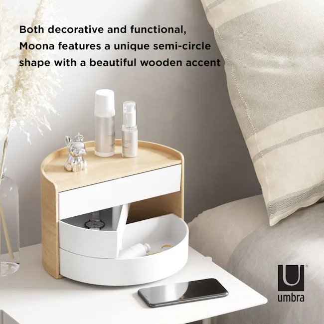 Moona Storage Box - White, Natural - 11 - Umbra bedside table, unique semi-circle design, wooden accent, decorative and