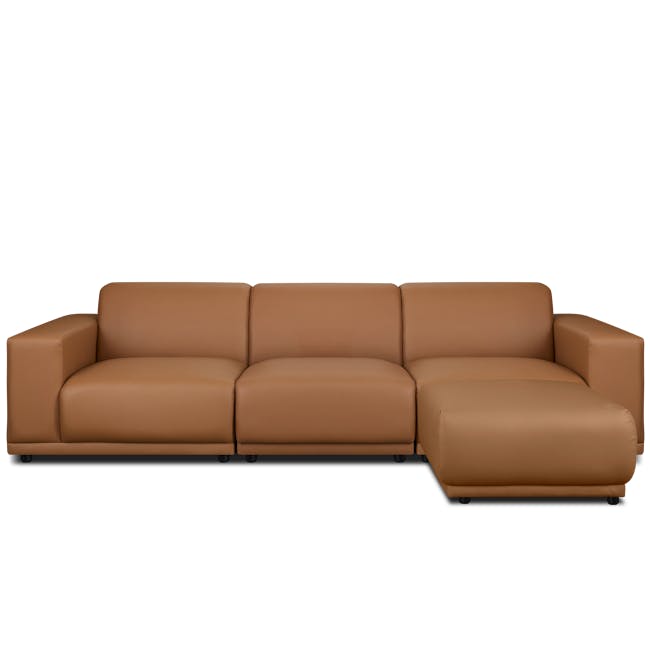 Milan 4 Seater Sofa with Ottoman - Caramel Tan (Faux Leather) - 1 - Brown leather sofa, modern design, comfortable seating