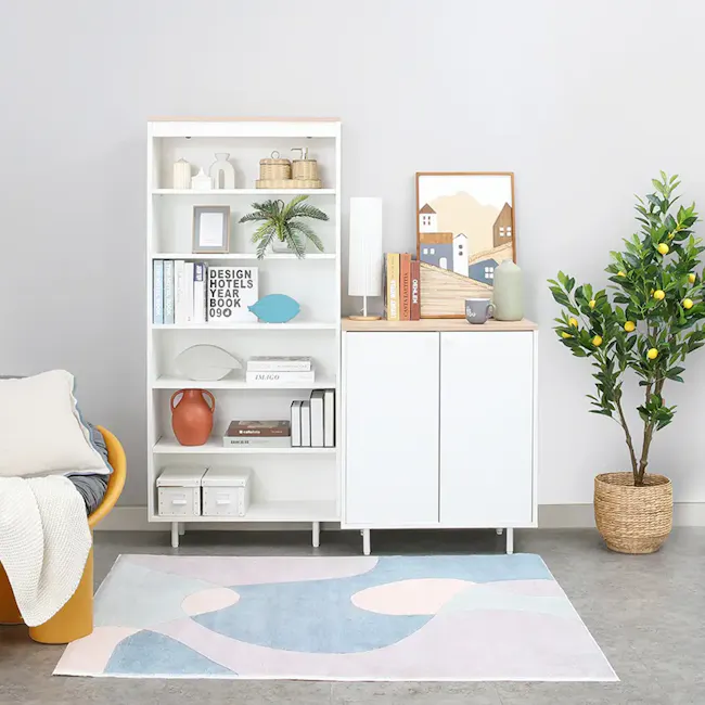 Madeline Open Shelf 0.7m - 13 - White shelving unit, minimalist design, modern decor, cozy reading nook, soft pastel rug