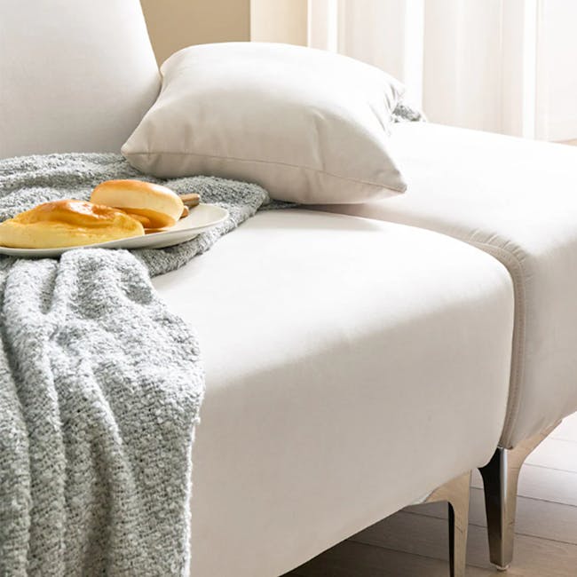 Macaron 3 Seater Left Arm Chaise Sofa - Ivory (Pet Friendly) - 9 - White sofa, gray blanket, soft pillows, breakfast plate
