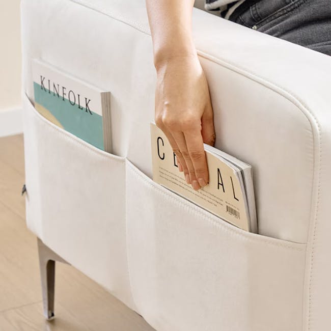 Macaron 3 Seater Left Arm Chaise Sofa - Ivory (Pet Friendly) - 7 - Leather armchair, cozy setting, soft lighting, modern