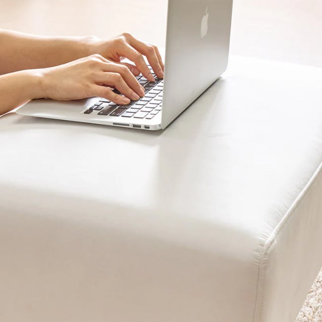 Macaron 3 Seater Left Arm Chaise Sofa - Ivory (Pet Friendly) - 12 - Silver laptop, person typing, hands on keyboard, white