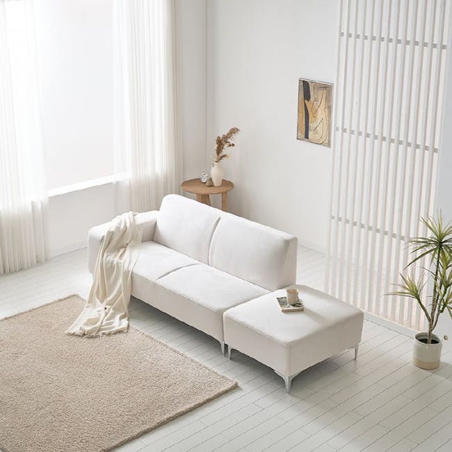 Macaron 3 Seater Left Arm Chaise Sofa - Ivory (Pet Friendly) - 2 - White modern sofa, minimalist decor, light beige rug