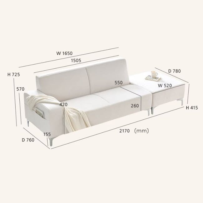 Macaron 3 Seater Left Arm Chaise Sofa - Ivory (Pet Friendly) - 15 - White sofa, 2170 mm height, 420 cm width, 550 cm length