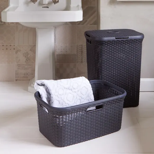 Rattan Style Rectangular 45L Hamper - Dark Brown - 3 - Black wicker laundry basket with a white towel inside, Modern