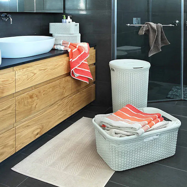 Rattan Style Rectangular 45L Hamper - Dark Brown - 5 - modern bathroom vanity, white sink, wooden cabinet, beige rug, wicker