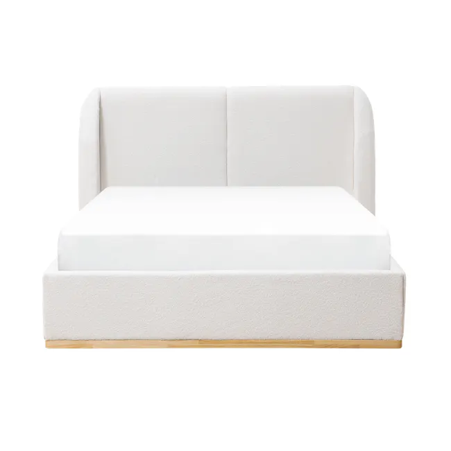 Nova Queen Storage Bed - White Boucle - 1 - White upholstered bed frame, minimalist design, soft texture, light wood base