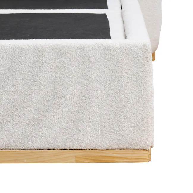 Nova Queen Storage Bed - White Boucle - 17 - White textured bed frame, black and white striped bedspread, wooden floor