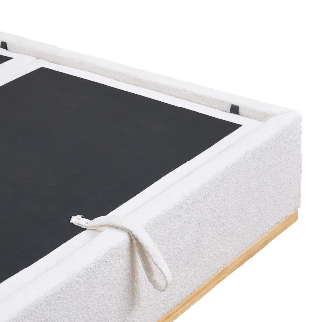 Nova Queen Storage Bed - White Boucle - 15 - White textured carpet, black area rug, light wooden floor, white and black