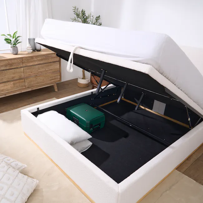 Nova Queen Storage Bed - White Boucle - 19 - Modern minimalist bedroom, cozy bed with white linens, wooden nightstand