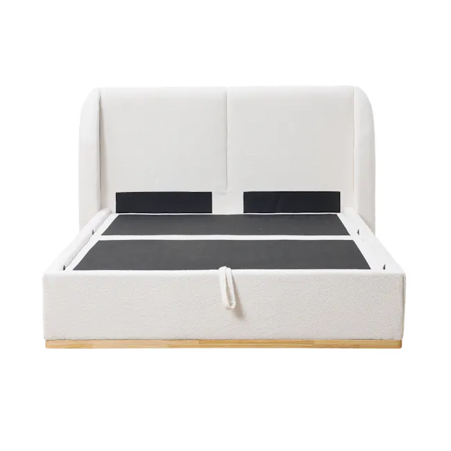 Nova Queen Storage Bed - White Boucle - 6 - White upholstered bed frame, black accent pillows, minimalist design, wooden