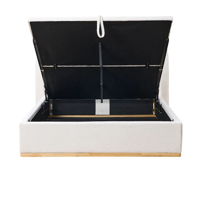 Nova Queen Storage Bed - White Boucle - 7 - Black fabric cover, white cushioned interior, black frame, wooden floor, white