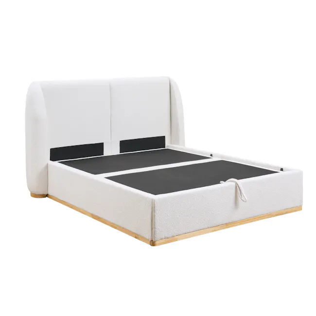 Nova Queen Storage Bed - White Boucle - 8 - Modern minimalist bed with white upholstered headboard and wooden frame, black