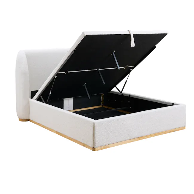 Nova Queen Storage Bed - White Boucle - 9 - modern bed frame, foldable bed, white upholstered headboard, black storage