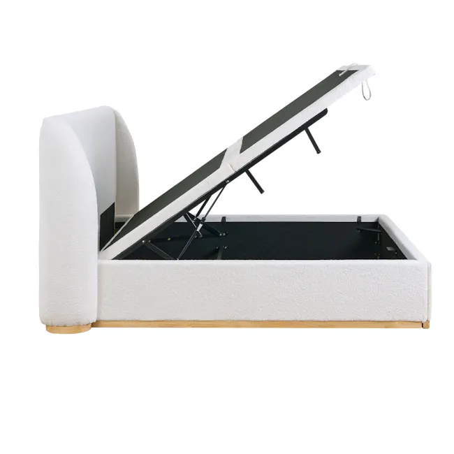 Nova Queen Storage Bed - White Boucle - 11 - Modern minimalist sofa with white and black accents, sleek black metal frame