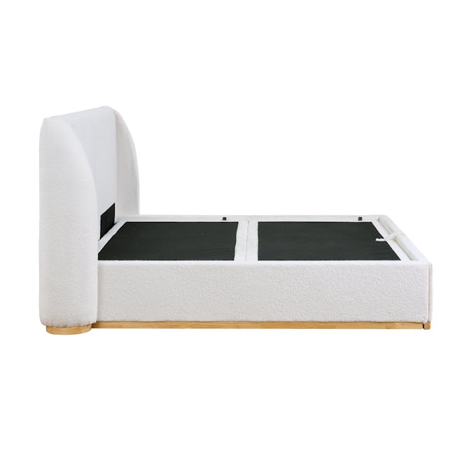 Nova Queen Storage Bed in White Boucle with 2 Natalia Bedside Tables - 12 - White upholstered bed frame, black footboard