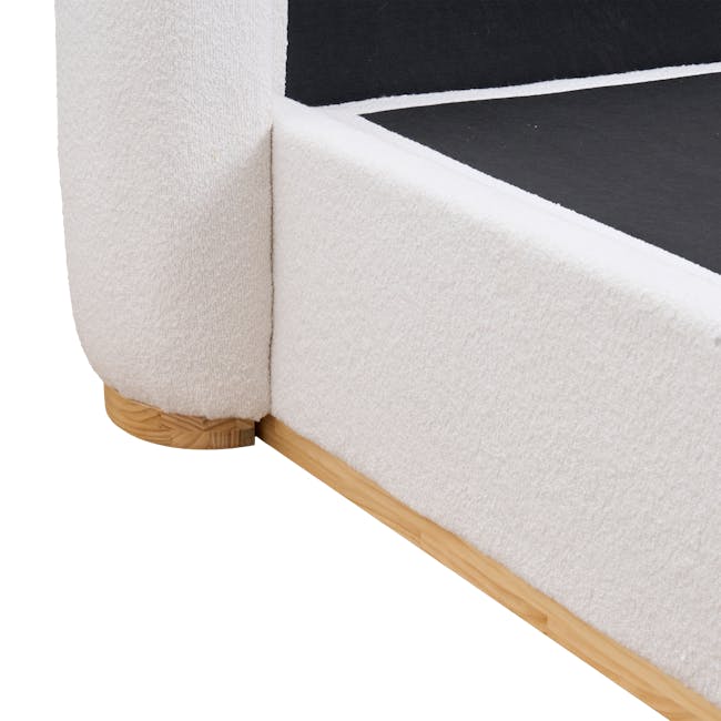 Nova Queen Storage Bed in White Boucle with 2 Natalia Bedside Tables - 16 - White textured carpet, wooden floor, light brown