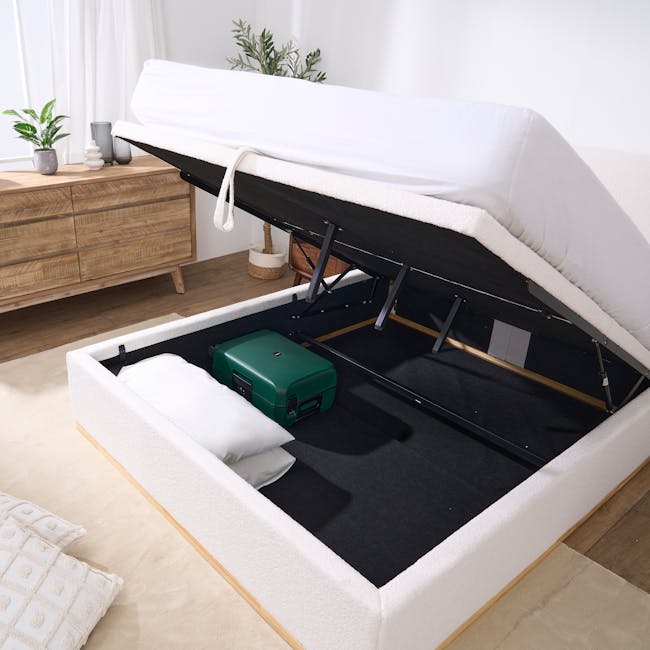 Nova Queen Storage Bed in White Boucle with 2 Natalia Bedside Tables - 4 - Modern minimalist bedroom, cozy bed with white