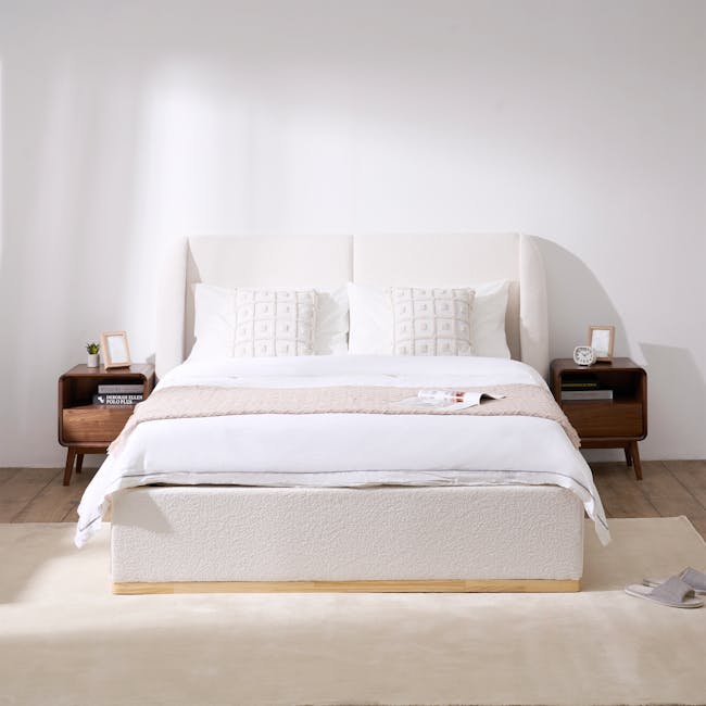 Nova Queen Storage Bed in White Boucle with 2 Natalia Bedside Tables - 5 - White bed with textured mattress, wooden