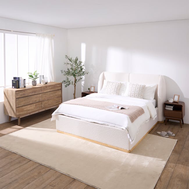 Nova Queen Storage Bed in White Boucle with 2 Natalia Bedside Tables - 6 - White bedroom with wooden furniture, beige