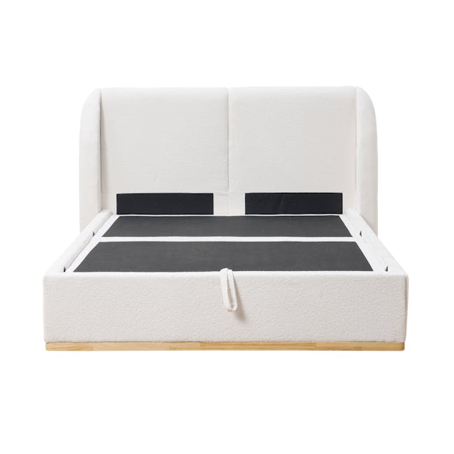 Nova Queen Storage Bed in White Boucle with 2 Natalia Bedside Tables - 8 - White upholstered bed frame, black accent