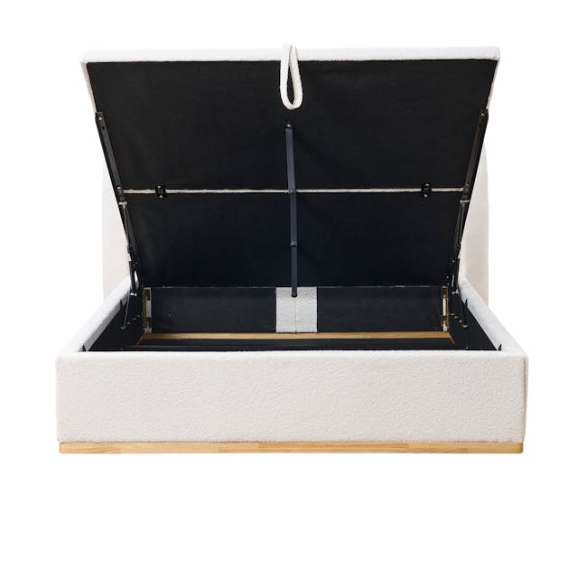 Nova Queen Storage Bed in White Boucle with 2 Natalia Bedside Tables - 9 - Black fabric cover, white cushioned interior