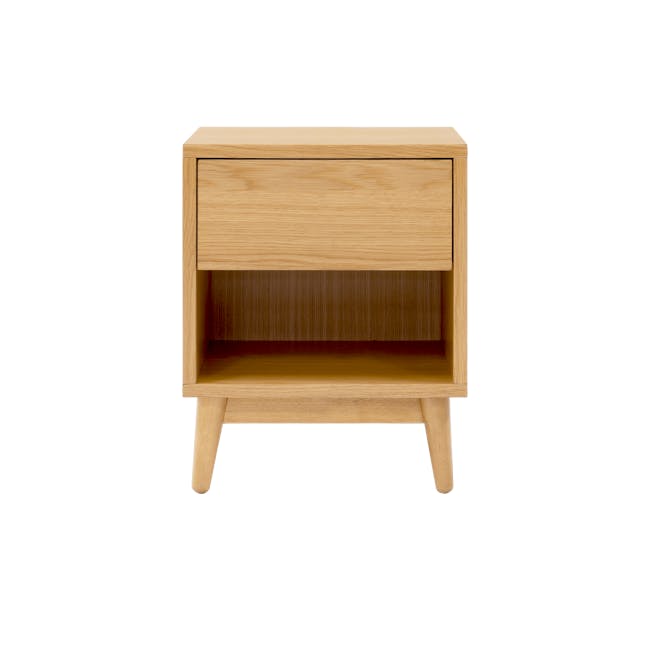 Cassius 2 Drawer Queen Bed in Oak, Tin Grey with 2 Kyoto Top Drawer Bedside Tables in Oak - 12