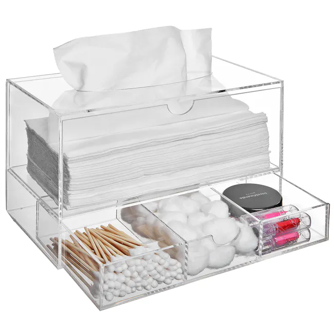 Acrylic Tissue Holder with Pull-Out Drawers - 5 - Clear glass storage bins, neatly organized, white tissue paper, cotton