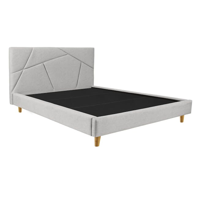 Kieran King Bed - Silver (Scratch Resistant) - 3 - Grey upholstered bed with geometric headboard, black mattress, wooden