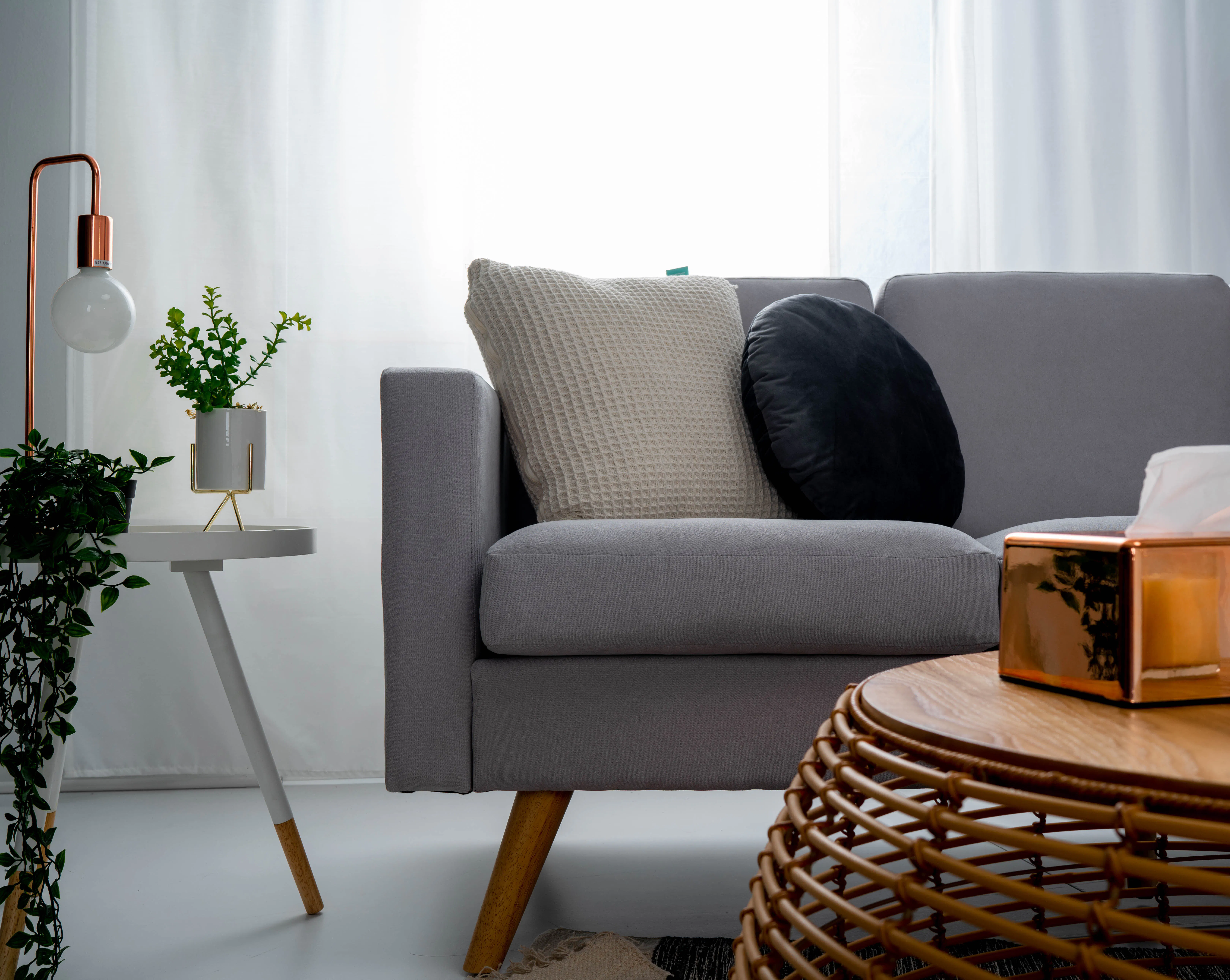 Innis Side Table - White, Natural - 12 - Modern living room, minimalist decor, cozy seating, gray sofa, wooden legs, white