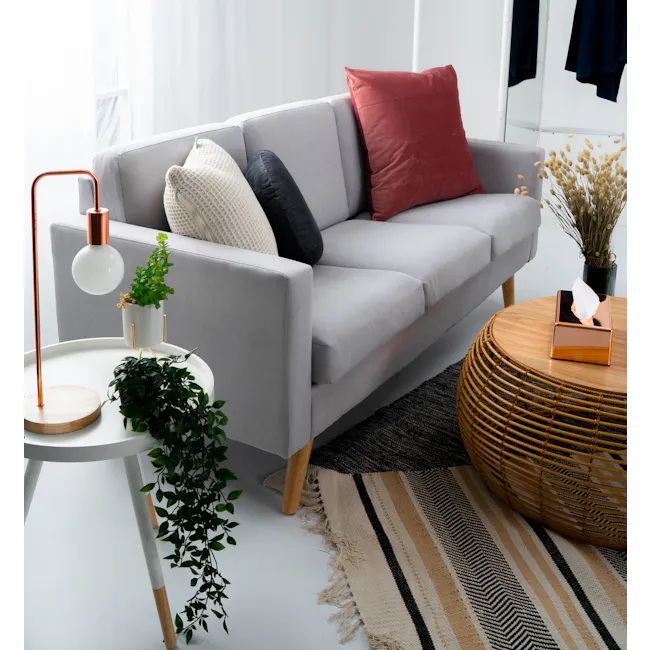 Innis Side Table - White, Natural - 10 - Modern living room, minimalist decor, gray sofa, red accent pillow, white round