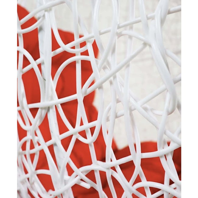 White Cocoon Swing Chair - Orange Cushion - 3 - White and red interlocking net, Abstract geometric design, Close-up view of