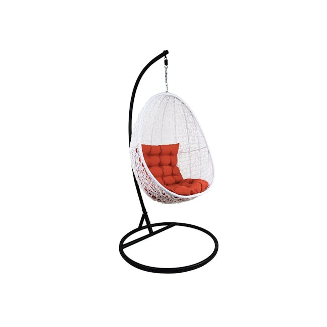 White Cocoon Swing Chair - Orange Cushion - 1 - White, modern, hanging, netted, cozy, cushioned, red, comfortable, stylish