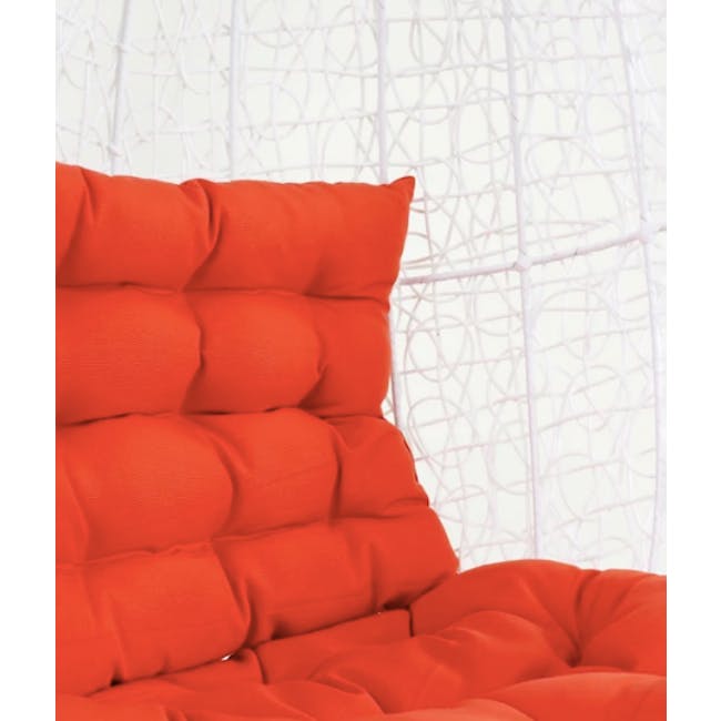 White Cocoon Swing Chair - Orange Cushion - 2 - Red cushion, vibrant red, plush texture, modern design, cozy seating