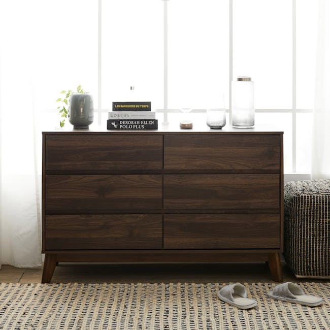 Herschel 6 Drawer Chest 1.2m - Walnut - 5 - Wooden dresser, minimalist design, dark wood finish, three drawers, rectangular