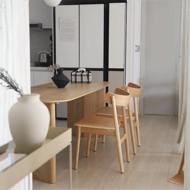Benn Dining Chair - 2 - Wooden dining table, minimalist design, modern kitchen, light wooden chairs, sleek black vase, white
