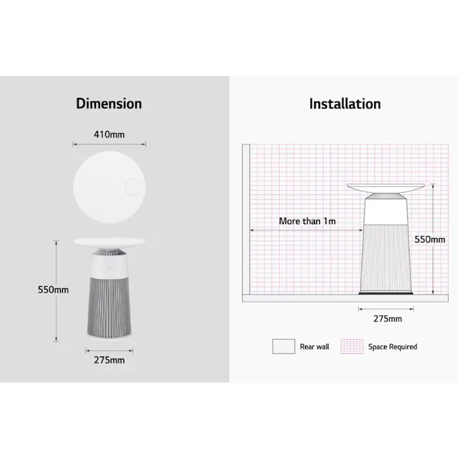LG Puricare™ Aerofurniture - Cream White - 13 - Dimensions, circular base, vertical design, 550mm height, 275mm width, 410mm