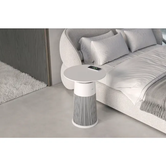 LG Puricare™ Aerofurniture - Cream White - 2 - Modern minimalist bedroom, sleek bed with gray bedding, plush white rug