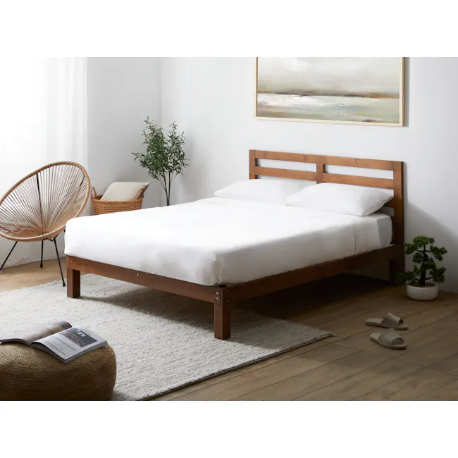 Katana Queen Wooden Bed - Walnut - 2 - Minimalist bedroom with white walls, wooden headboard, and white bedding. Natural