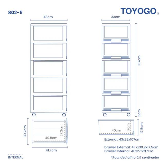 TOYOGO Marine 5 Tier Cabinet with Wheels - White - 3