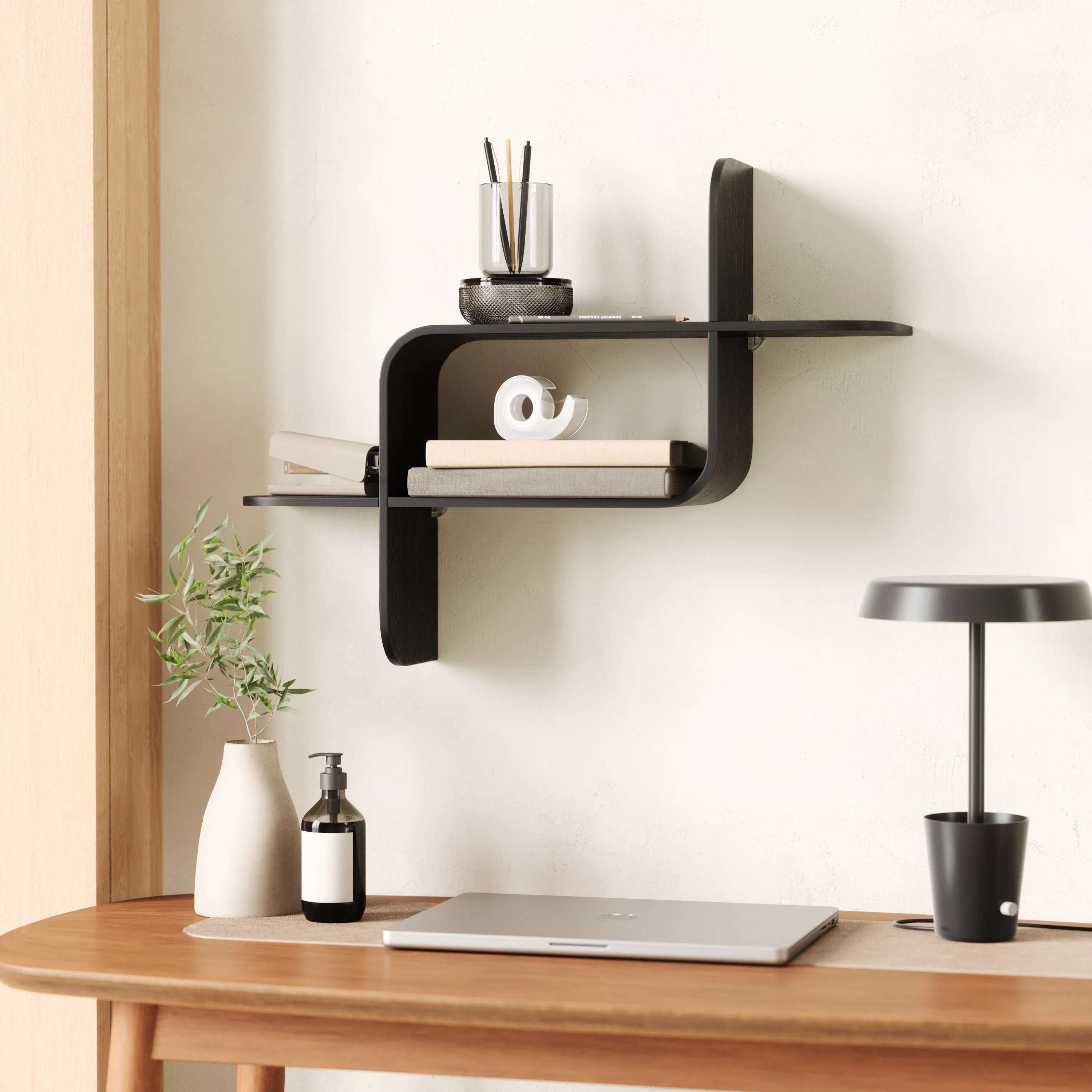 Montage Shelf - Black - 9 - Wooden desk, minimalist design, modern decor, black shelf, white vase, black lamp, laptop, black